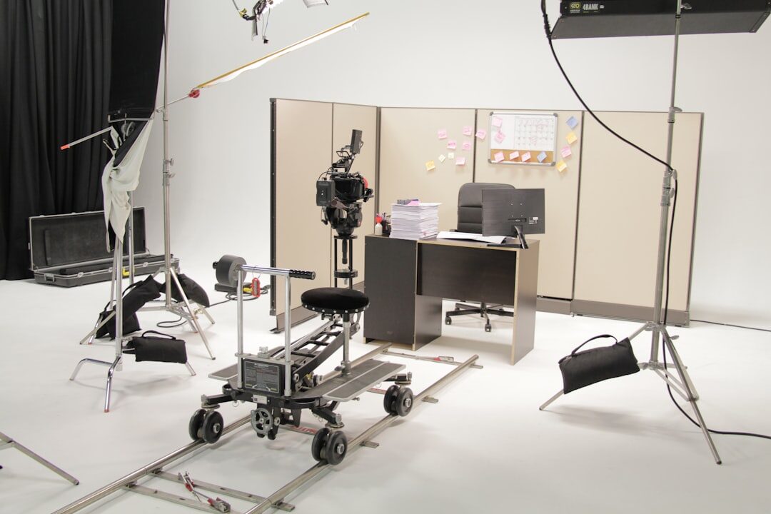 Modern Polish television broadcast studio set with anchors on air